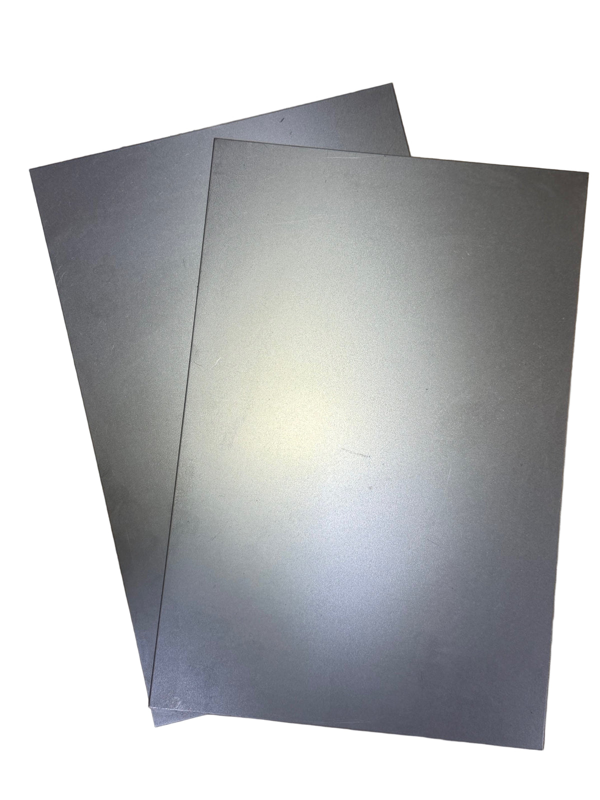 8x12 Inch Pre-Cut Cold Rolled Sheet Metal – 18 Gauge two sheets on white background in fan pattern