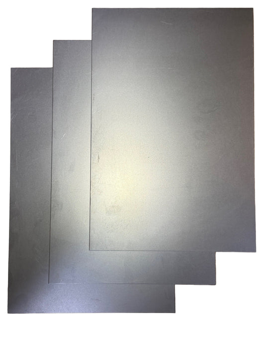 8x12 Inch Pre-Cut Cold Rolled Sheet Metal – 18 Gauge three sheets on white background in diagonal pattern