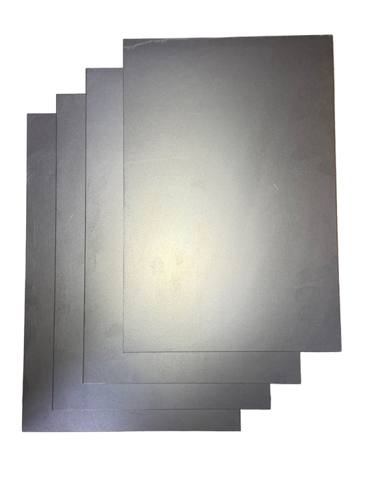 8x12 Inch Pre-Cut Cold Rolled Sheet Metal – 18 Gauge four sheets on white background in diagonal pattern